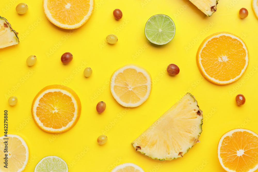 Composition with different fruits on color background