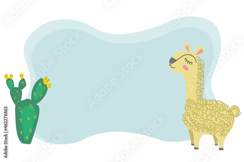 Children's frame for text with a cartoon llama on a white background. Vector frames for inscriptions with animals