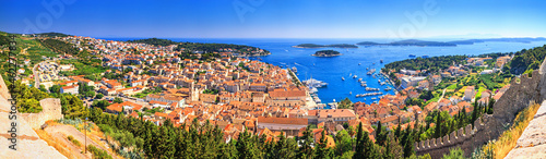 Coastal summer landscape, panorama - top view of the town of Hvar and the City Harbour with marina, on the island of Hvar, the Adriatic coast of Croatia © rustamank