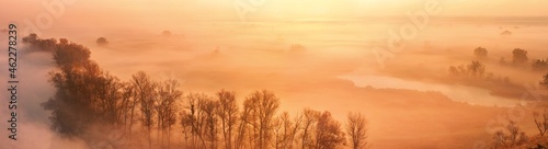 Autumn landscape, background - the morning fog over the river valley, horizontal panorama, banner
