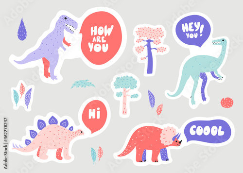 Set of stickers with doodle illustrations of Velociraptor, Tyrannosaurus Rex, Stegosaurus, Triceratops, pines, juniper bushes and leaves. Pretty childish drawings in pastel colors.