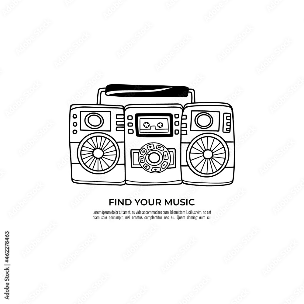 Old school radio tape recorder doodle in black and white. Vintage boombox icon. Hand drawn illustration. Find your music text. Old school radio tape recorder doodle in black and white. Vintage boombox icon. Hand drawn illustration. Find your music text.