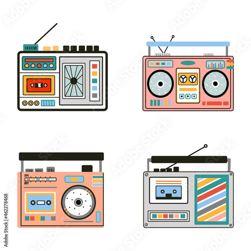 Set of cute and colorful old school tape recorders doodles. Vintage boombox icons. Hand drawn illustration. 90s vibes and retro look.