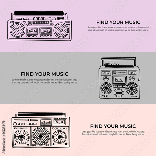Banners made with cute and old school tape recorders doodles. Minimal composition. Vintage boombox icons. Hand drawn illustration. Text added as an example.