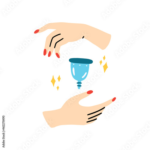 Menstrual cup in the woman hands illustration. Zero waste and plastic free periods. Trendy sanitary product.
