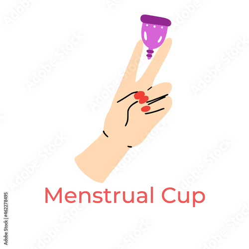 Menstrual cup in the woman hands illustration. Zero waste and plastic free periods. Trendy sanitary product.