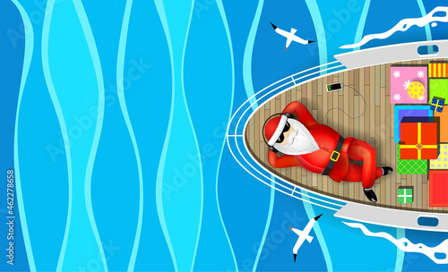 Santa Claus is swimming on yacht lying on the deck