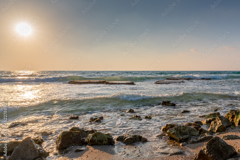 Beautiful Mediterranean Sea sunset at the coastline near Haifa, Israel
