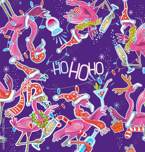 Flamingoes Christmas Party Template for New Year cards © Viktoriia Protsak
