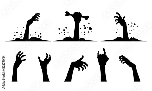 Zombie hands silhouette. Terrible hands from the grave. Set of different hand gestures, the man's hand is holding bone. Design elements for the holiday of Halloween. Vector illustration