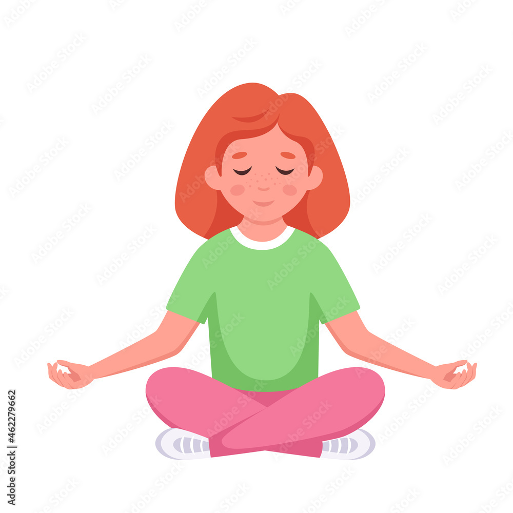 Girl meditating in lotus pose. Gymnastic, yoga and meditation for children. Vector illustration Girl meditating in lotus pose. Gymnastic, yoga and meditation for children. Vector illustration