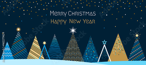 greeting card with Christmas and New Year. Winter forest with stylized Christmas trees, snow and drifts.