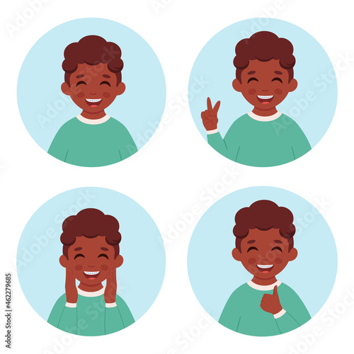 Black boy with braces on teeth. Elementary school student. Little boy portrait in circular frame. Vector illustration