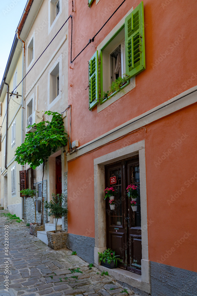 Colorful narrow idyllic street of Piran Slovenia