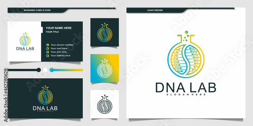 Modern dna lab logo design with unique line art style and business card Premium vektor
