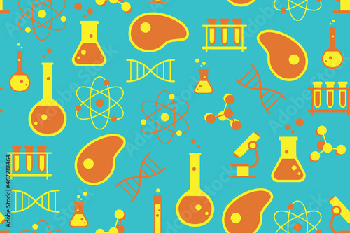 Cultured meat science seamless pattern. Repetitive vector illustration of lab grown meat science concept. Concept of cultured meal, lab grown meat, synthetic meat, science, laboratory.