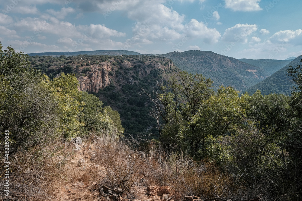 View of Western Galilee mountains as seen from the scenic trail to Ein Tamir Spring, Montfort  Nahal Kziv National park, Northern District of Israel, Israel.    