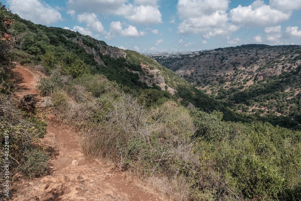 View of Western Galilee mountains as seen from the scenic trail to Ein Tamir Spring, Montfort  Nahal Kziv National park, Northern District of Israel, Israel.    