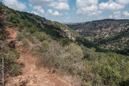 View of Western Galilee mountains as seen from the scenic trail to Ein Tamir Spring, Montfort Nahal Kziv National park, Northern District of Israel, Israel. 