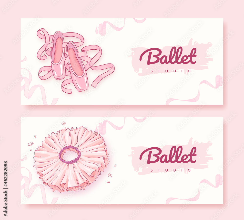 Set of banners for ballet studio. Hand drawn illustration of ballet shoes, tutu and ribbons Set of banners for ballet studio. Hand drawn illustration of ballet shoes, tutu and ribbons
