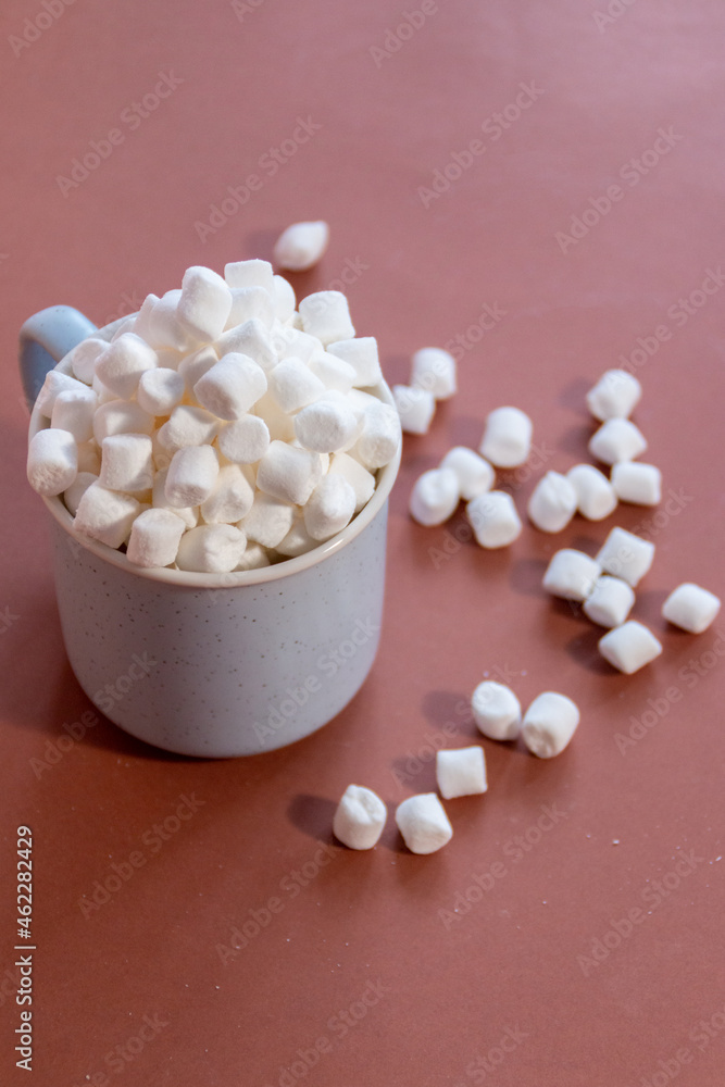 sweet marshmallow in a cup with cocoa against brown background
sweet marshmallow in a cup with cocoa against brown background