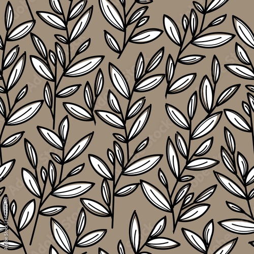 A stylish pattern of plants and flowers on a beige background. For wedding invitations, postcards, posters, labels of cosmetics and perfumes.