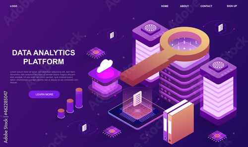 Data analytics platform. Schemes of work of hosting servers. Information storage, personal data. Network or mainframe infrastructure. Cartoon volumetric illustration isolated on violet background