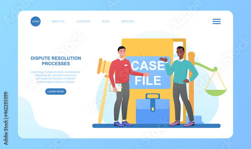 Dispute resolution processes. Lawyer and judicial workers, graphics and laws on presentation board. Men discussing case, business meeting. Cartoon flat vector illustration isolated on white background