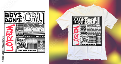 Abstract poster, boys don't cry. Stylish White T-shirt, Fashion Streetwear Prints on Clothes, in Acid Graphic style, Trending Designs
