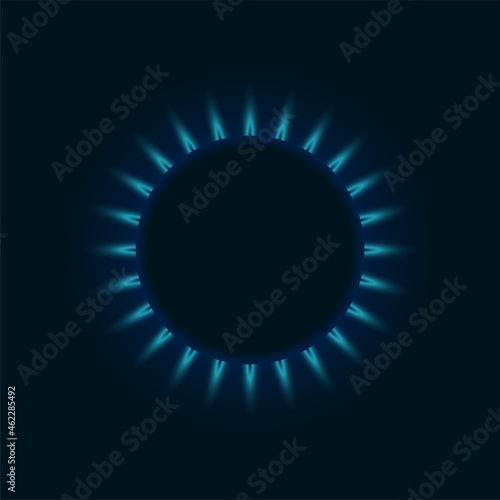 Gas burner blue flame. Glowing fire ring on kitchen stove top view. Burning natural propane butane vector realistic mockup on dark background. Eps illustration
