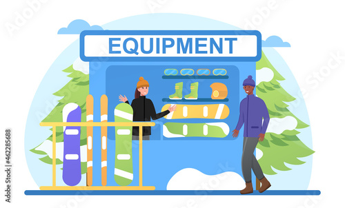 Equipment for rent. Set of equipment for winter skiing. African American goes to choose yourself snowboard. Ski rental, winter goggles. Cartoon flat vector illustration isolated on white background