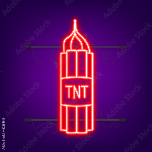 Red dynamite pack with electric time bomb, TNT. Neon icon. Vector illustration