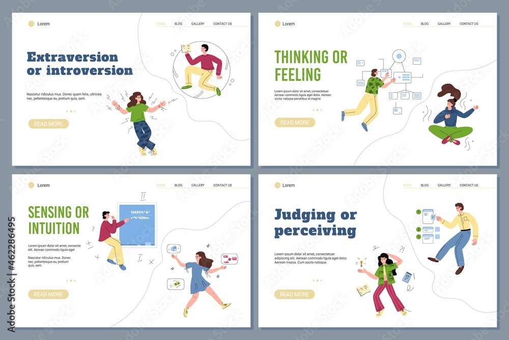 Set of web banners comparing MBTI personality types, flat vector illustration.