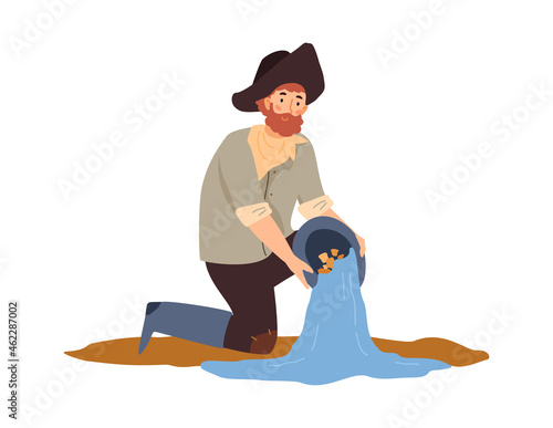 Gold miner washes gold out of rock, flat vector illustration isolated on white.