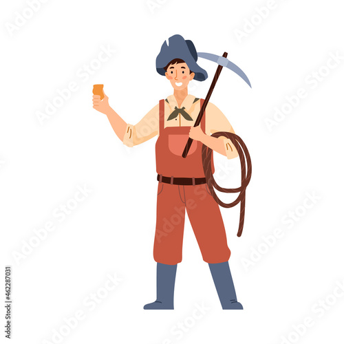 American gold rush period digger or miner, flat vector illustration isolated.