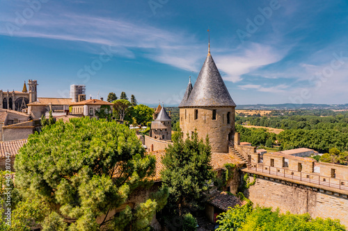 The Ancient Fortress of Carcassonne, France. Europe castle. View from the Cite. photo
