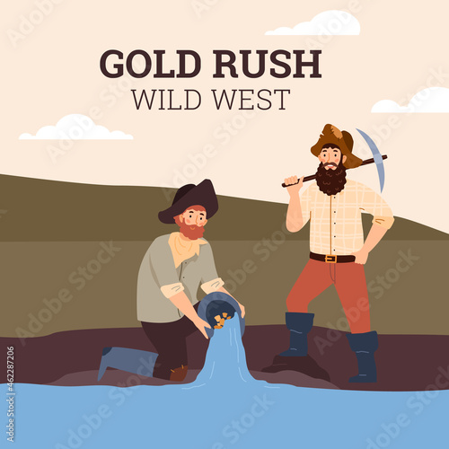 Wild west gold rush banner or poster with characters, flat vector illustration.