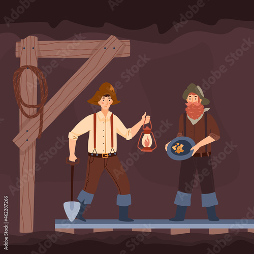 Vintage diggers of American gold rush period in mine, flat vector illustration.