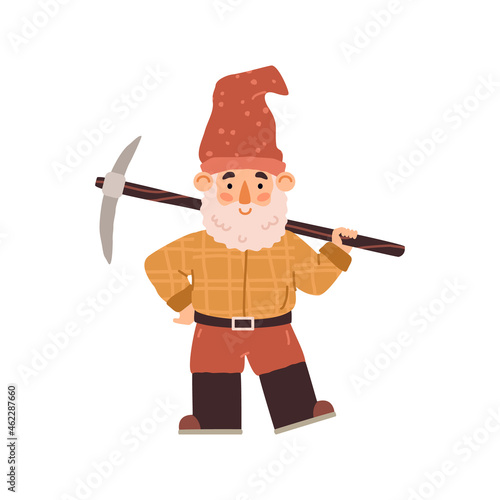 Cartoon garden gnome with pick and beard in hat and boots - flat vector illustration isolated on white background.