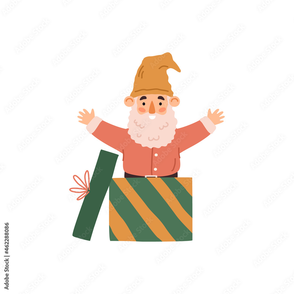 Funny fabulous gnome jumping out of gift box, flat vector illustration isolated.