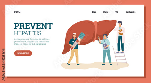 Landing page template with doctors and nurses examining liver - flat vector illustration isolated on white background.