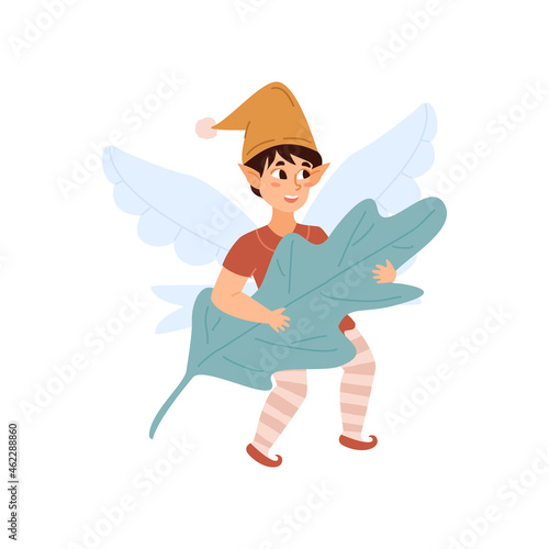 Cartoon pixie boy flies on wings and holds leaf - flat vector illustration.