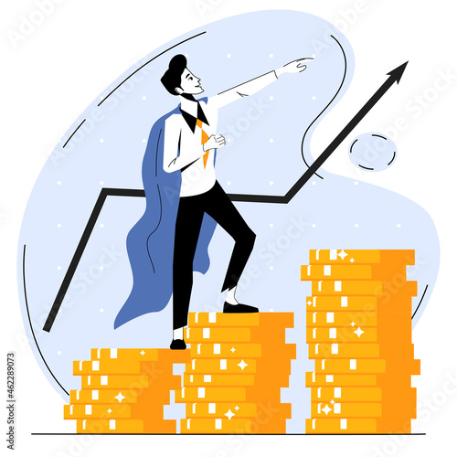 Investment Growth Concept. Illustration of an Investment Guru. Return on investment, income growth, budget planning, investing advisor, revenue broker vector flat concept design.