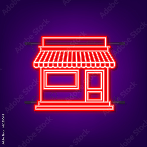 Shop or market store front exterior facade. Neon icon. Vector illustration