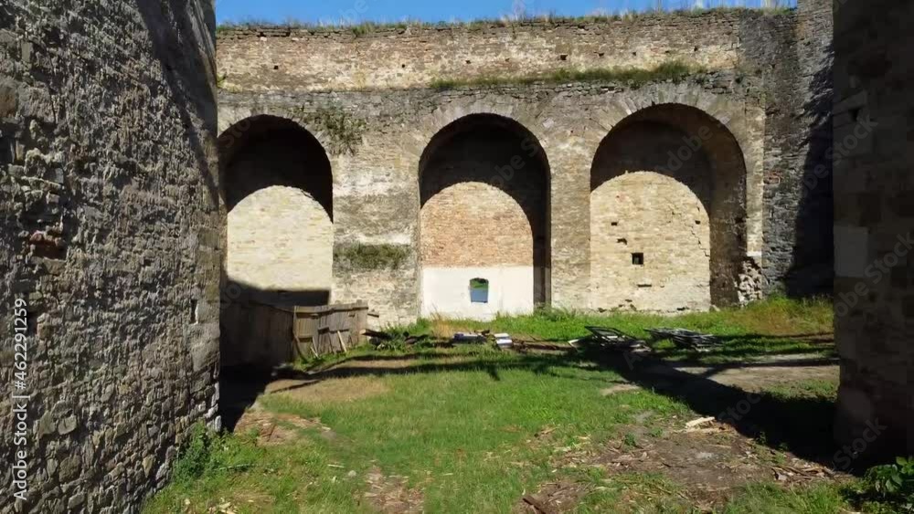 View of the walls and the destroyed bridge in the fortress in Khotyn. Drone Video. Ukraine. Europe View of the walls and the destroyed bridge in the fortress in Khotyn. Drone Video. Ukraine. Europe