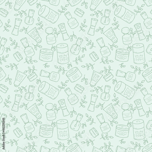 Doodle cosmetic jars with labels and leaves seamless pattern. Perfect for scrapbooking, poster, textile and prints. Hand drawn illustration for decor and design.