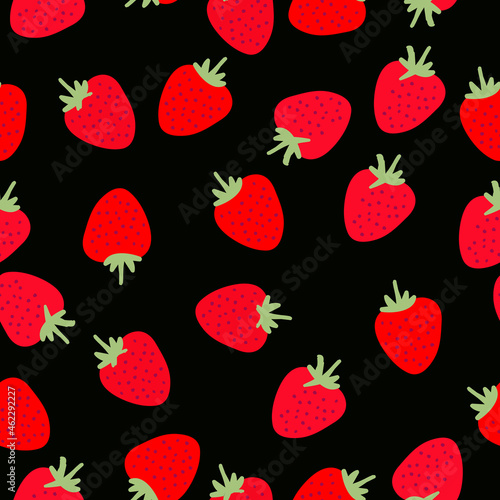 Fototapeta Naklejka Na Ścianę i Meble -  Simple berry pattern. Black background,ripe strawberries. The print is well suited for textiles,banners,Wallpaper and packaging.