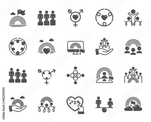Equality, Equity and Diversity icons. LGBT rights, Equal opportunities and respective needs icons. Inclusion, culture equity and LGBT pride flag. Diverse people equality, Gender symbol. Vector photo