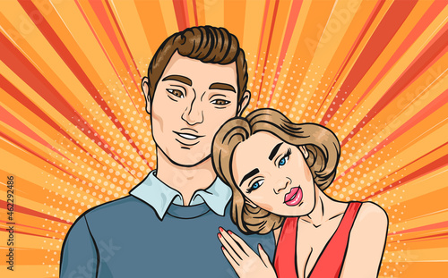 Joyful family couple hugging, hand drawn pop art comic style retro illustration. Loving couple smiling. Man and woman in love portrait