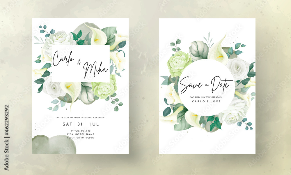 beautiful hand drawn rose and calla lily flower wedding invitation card